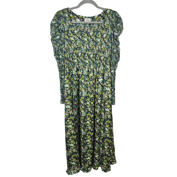 Scotch & Soda Amsterdam Midi Dress Women Medium Green Floral Smocked Puff Sleeve - Picture 2 of 10